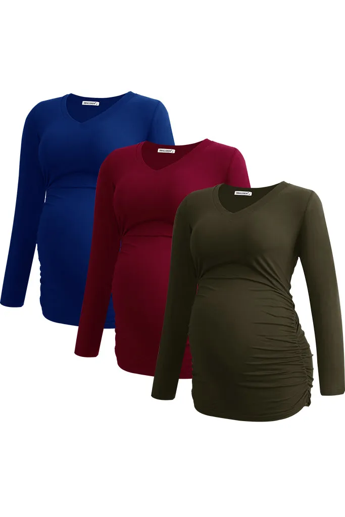 Smallshow V Neck Long Sleeve Maternity Shirts 3-Pack