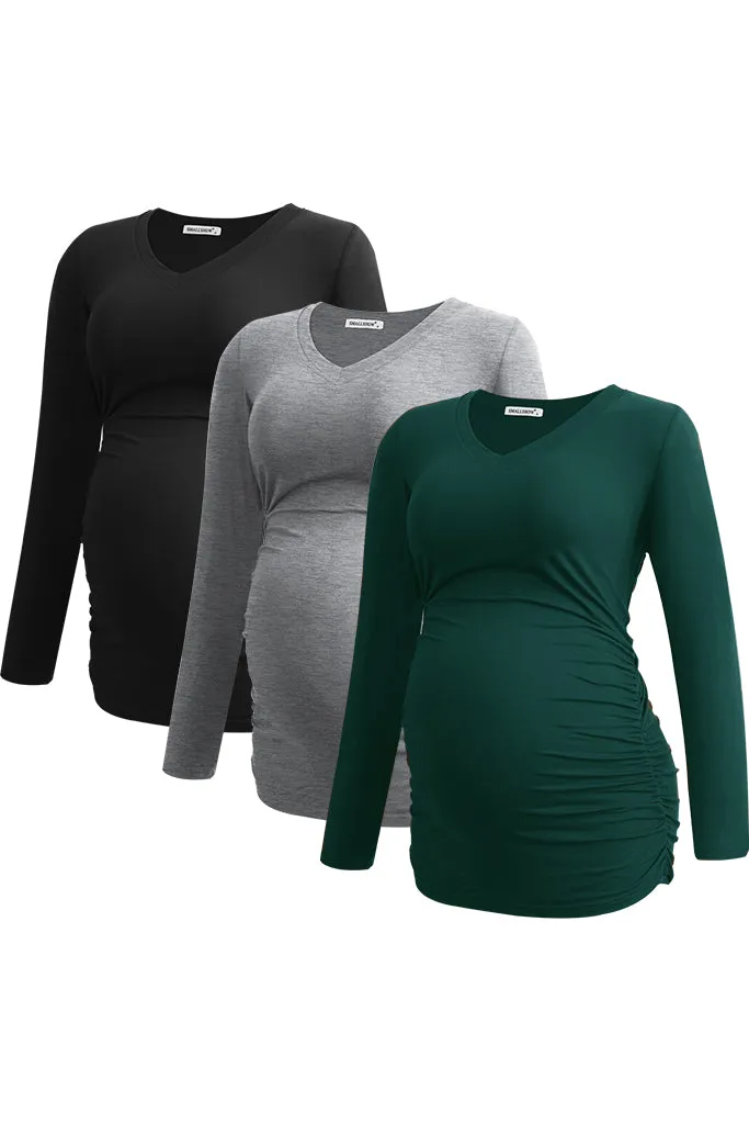 Smallshow V Neck Long Sleeve Maternity Shirts 3-Pack