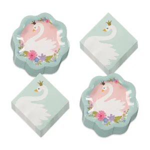 Swan Party Supplies - Sweet Swan Floral Paper Dessert Plates and Beverage Napkins (Serves 16)