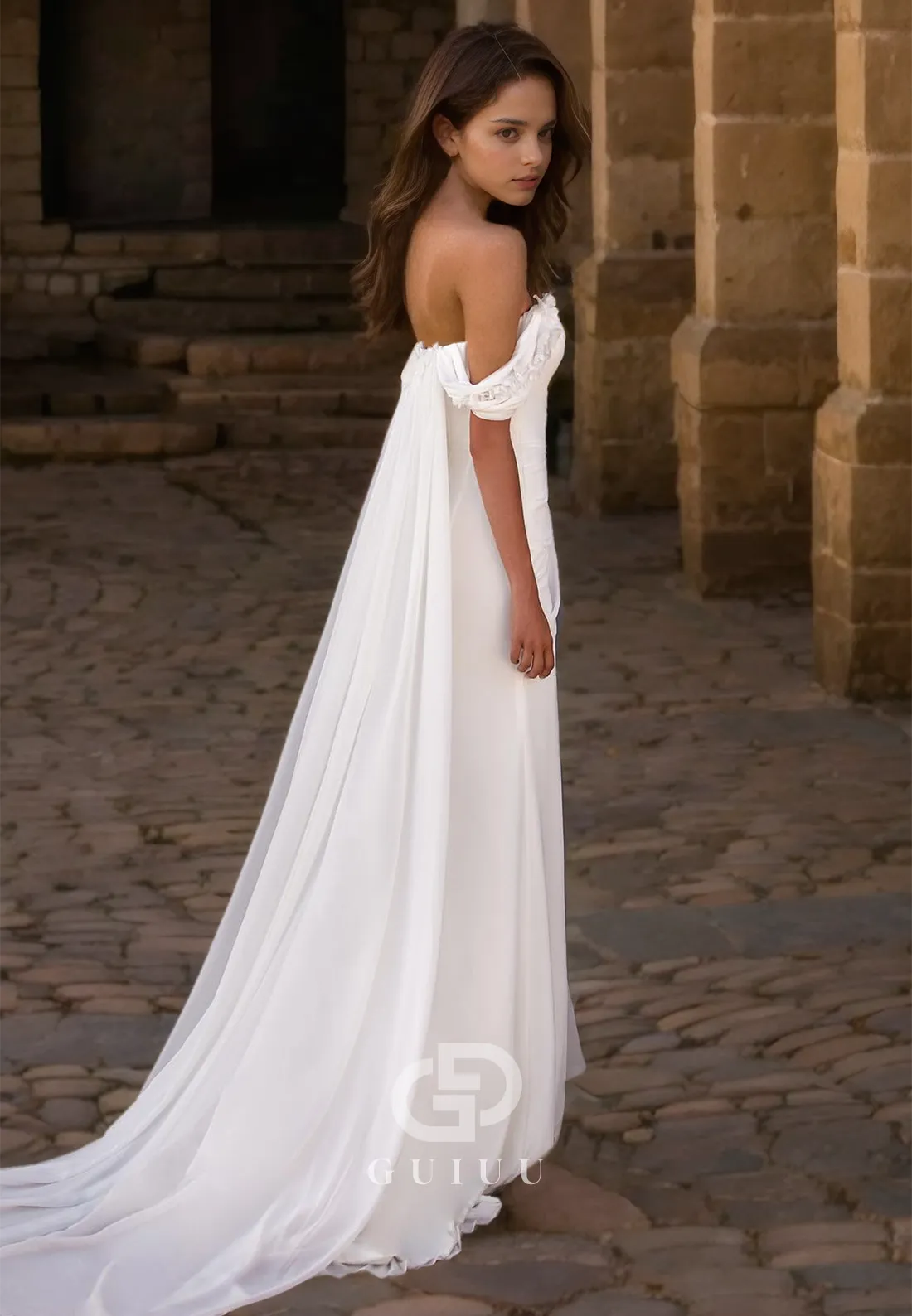 Unique Off Shoulder Pleats Side Slit Beach Wedding Dress with Train