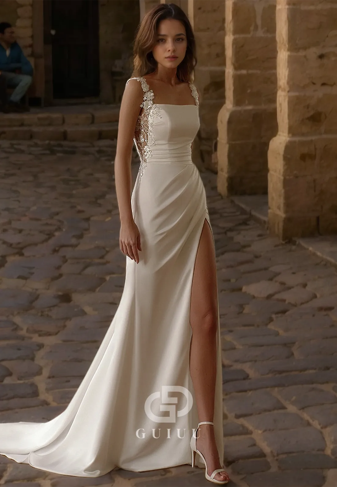 Unique Square Beads Ruched Mermaid Boho Wedding Dress with Slit