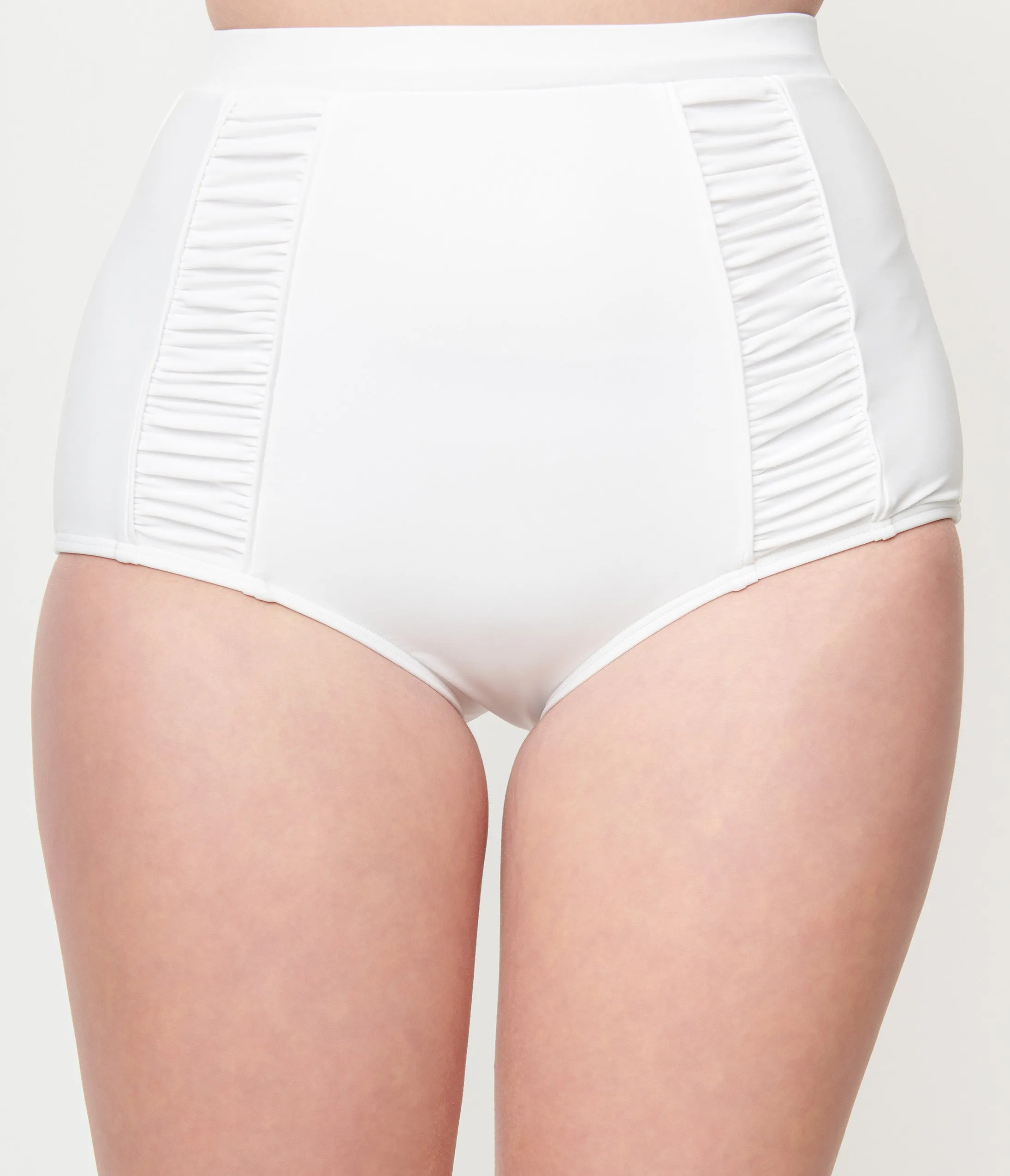 Unique Vintage White Ruched Swim Bottom