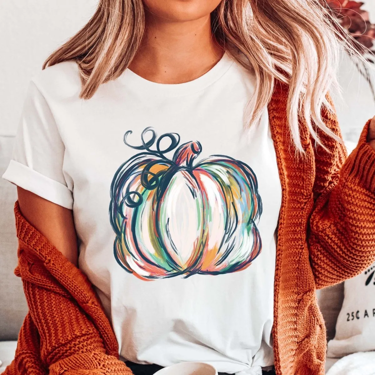 Watercolor Pumpkin Wholesale Bella Graphic Tee - Quick Shipping