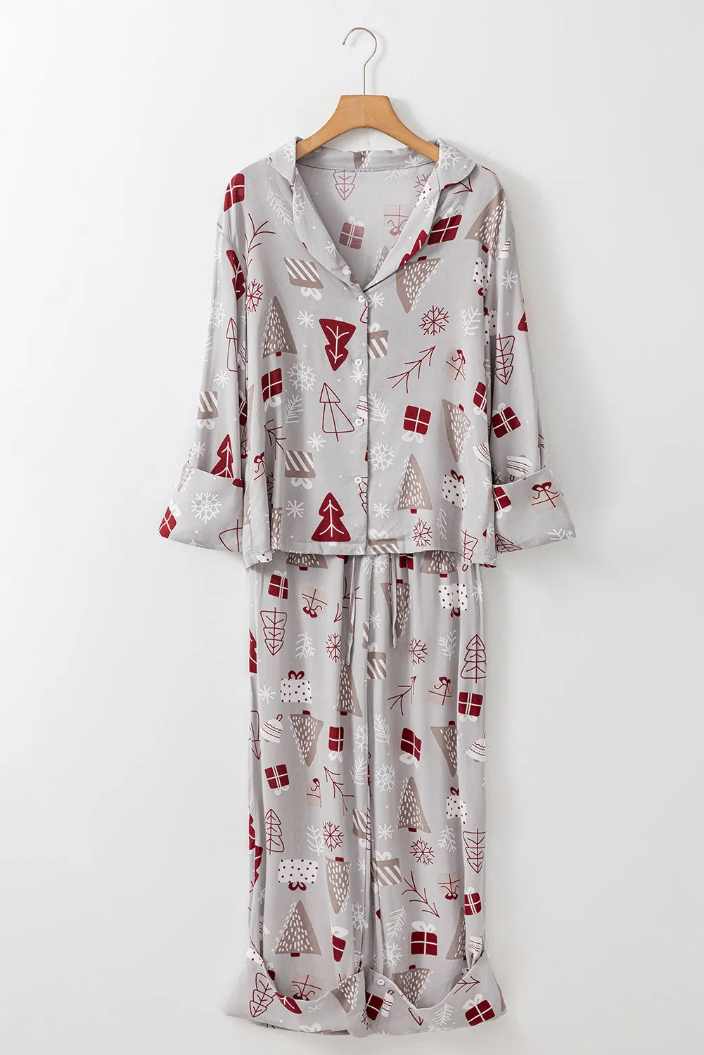 Womens Light Grey Christmas Printed Shirt and Pants Pajama Set