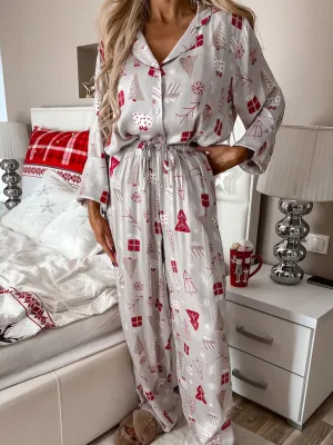 Womens Light Grey Christmas Printed Shirt and Pants Pajama Set