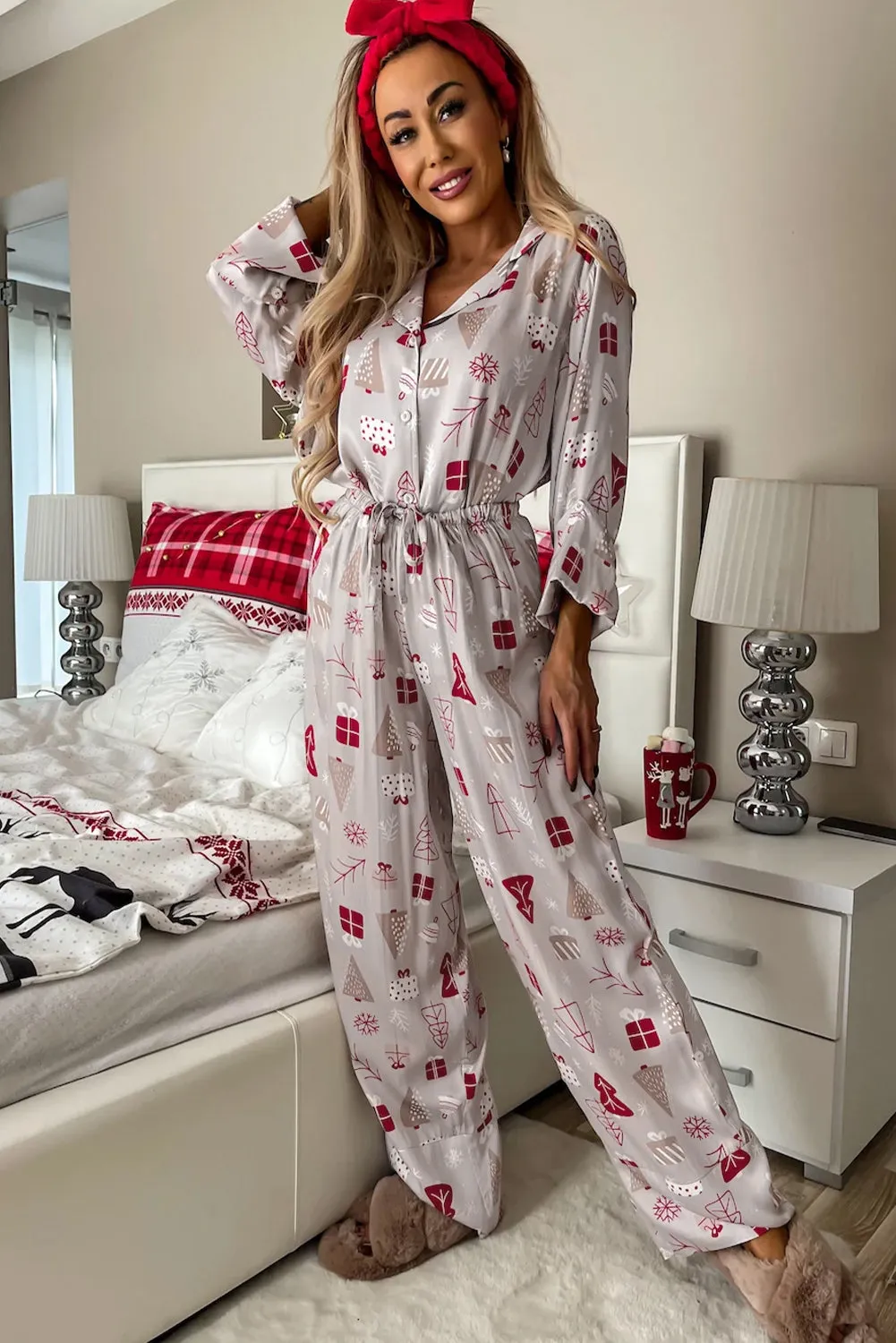 Womens Light Grey Christmas Printed Shirt and Pants Pajama Set